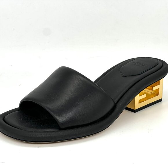 FENDI Baguette Cutout FF Logo Heel Wide Band Slide Mule Sandals Shoes Black - Picture 6 of 16